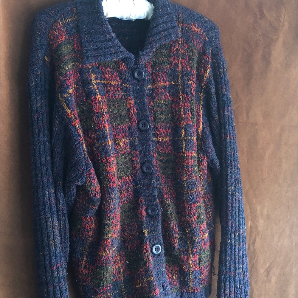 Pendleton Navy Plaid Shawl-Collar Button Cardigan with Red and Green